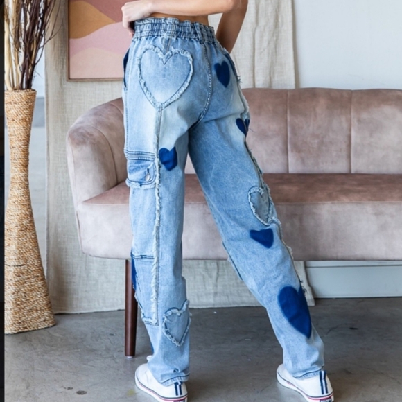 NWOT Oli & Hali Boho Patchwork Blue Heart Print Cargo Utility Denim Jeans 90s - Picture 5 of 7